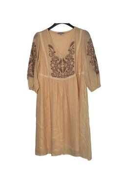 Polagram Floral Embroidered Lace Crinkle Gauzy Dress Pink Sz MED Boho Peasant